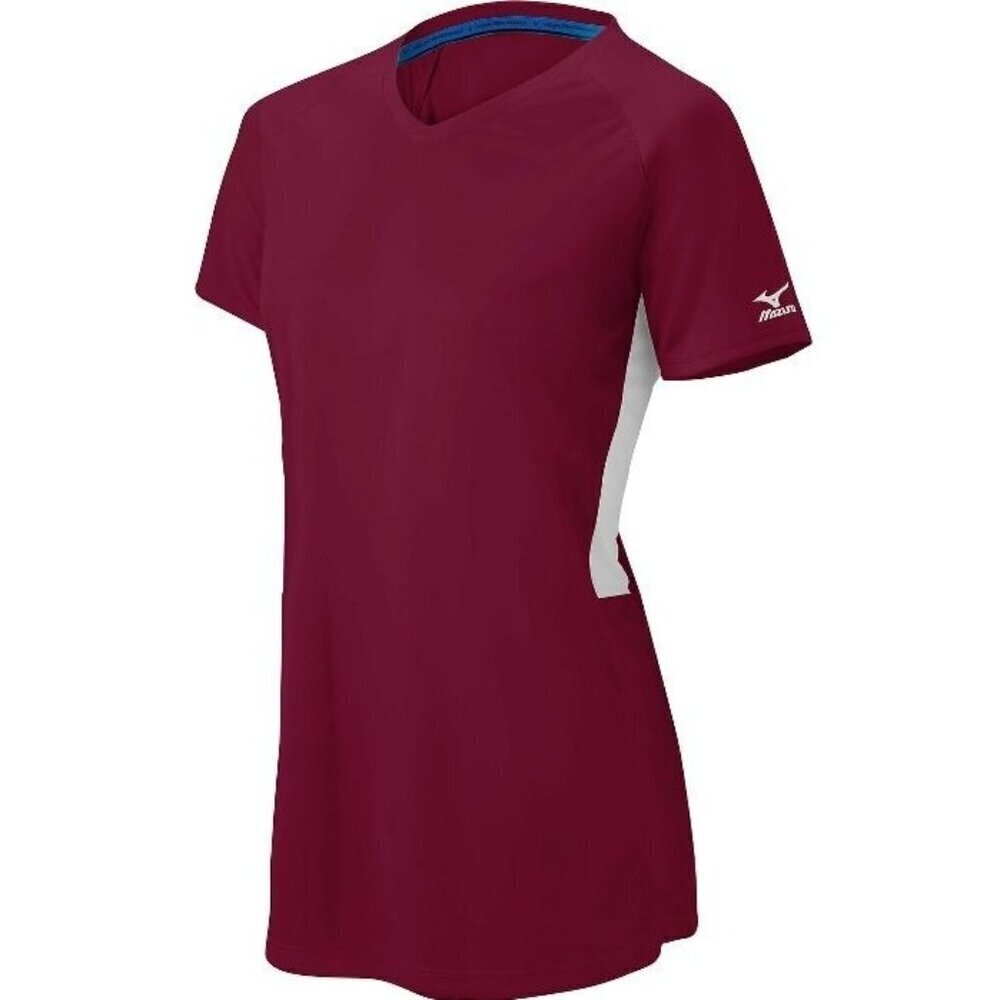Mizuno Performance Girls Youth Vneck  Maroon White Short Sleeve Jersey NEW Large